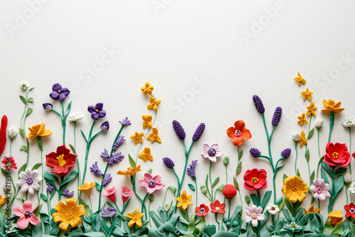 Colorful flowers on a white background. Plasticine art style. Flat lay composition with copy space. Spring holidays. Design for banner, greeting card, invitation