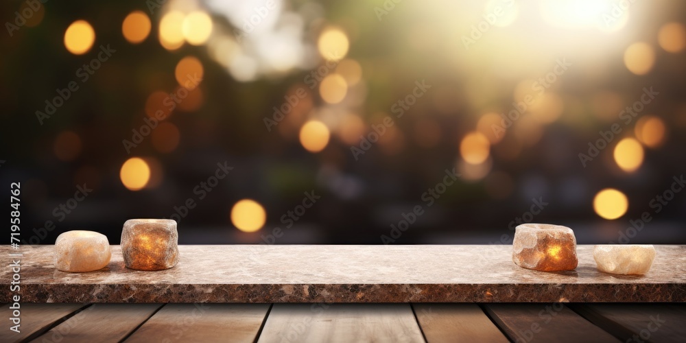Use this stone table top with a blurred bokeh background for displaying or showcasing your products.