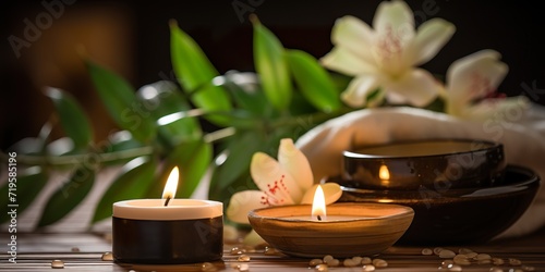 Spa still life concept,Close up of spa theme on wood background with burning candle and bamboo leaf and flower,