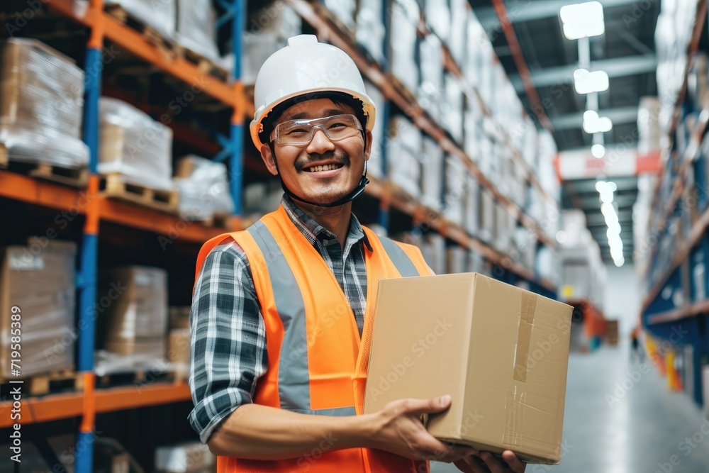 A smiling Asian male worker wearing safety clothes in a modern warehouse A smiling Asian male worker wearing safety clothes in a modern warehouse