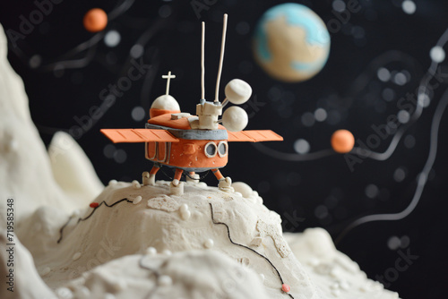 Lunar lander on a moonscape with a painted solar system backdrop. Plasticine art. Space exploration and science fiction concept. Space model diorama. Illustration for banner, design photo