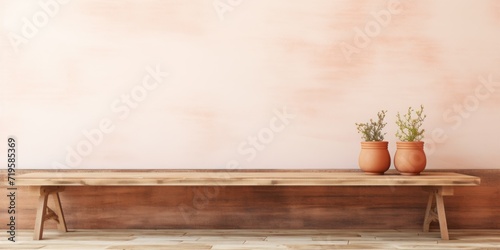 Empty wooden terracotta table over white wall background photo