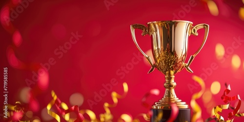 Golden trophy and streamers, red background with copy space