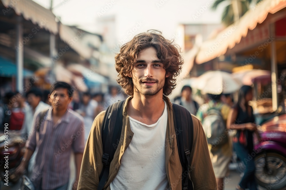 A young man traveling wearing a backpack walking through a street or market in Southeast Asia A young man traveling wearing a backpack walking through a street or market in Southeast Asia