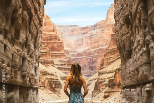 A young woman looking up at the sky deep in a spectacular canyon like the Grand Canyon. Travel, the concept of natural grandeur. photo