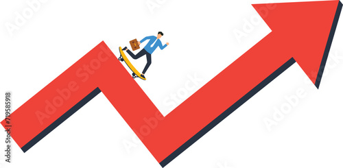 Investment volatility metaphor of riding skyting board, Financial stock market fluctuation rising up concept,
