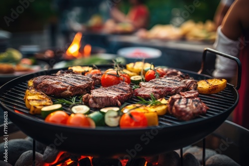 Meat and vegetables being grilled on a barbecue in a garden at a backyard party