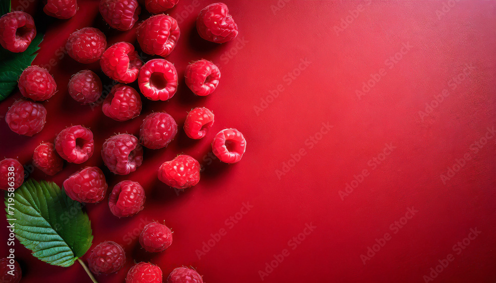 Top view of a red work surface with delicious red raspberries on it Top view of a red work surface with delicious red raspberries on it