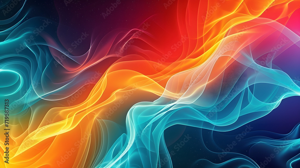 Vibrant rainbow, orange blue teal white psychedelic grainy gradient color flow wave on black background, music cover dance party poster design. Retro Colors from the 1970s 1980s, 70s, 80s, 90s