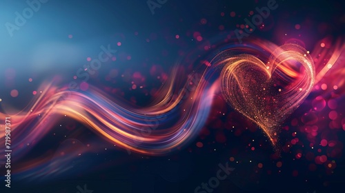 blurred maroon and pink heart with golden wave on dark blue background, valentine's day 