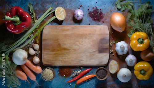 Top view of a kitchen worktop with a wooden board in the middle and lots of healthy food