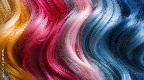 Macro shot of wavy hair in a spectrum of pink and blue shades
