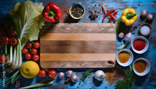 Top view of a kitchen worktop with a wooden board in the middle and lots of healthy food photo