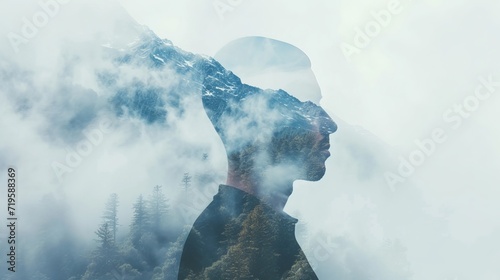 Double Exposure of Man and Cloudy Mountains forest Travel Lifestyle conceptual background 