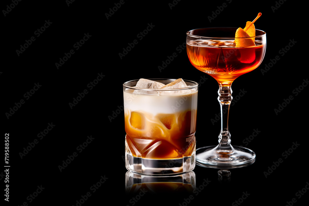 Set and collection of classic alcohol cocktails or mocktail isolated on white background with fresh summer fruits