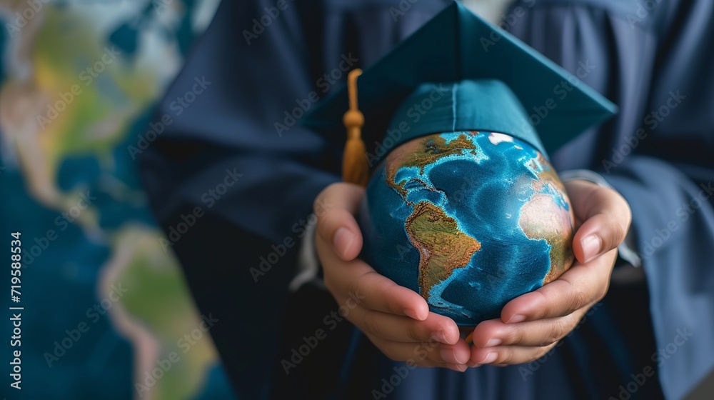 Education in Global world, Graduation cap on Businessman holding Earth ...