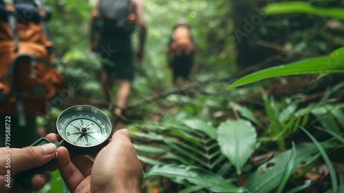 Explorer people holding a compass and searching the right directions in the jungle. Survival travel, lifestyle concept
