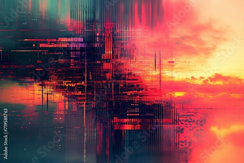 Digital glitch effects seamlessly integrated with abstract patterns and textured elements, presented in stunning high definition