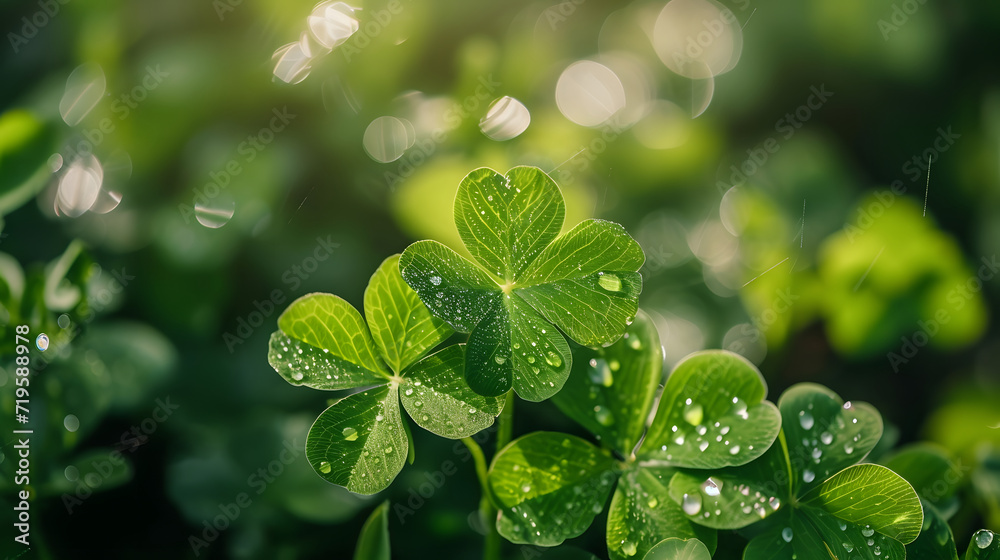 Vibrant Four-Leaf Clover Close-Up with Bokeh Background Vibrant Four-Leaf Clover Close-Up with Bokeh Background