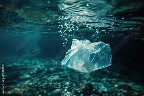 An underwater plastic bag floating in the ocean, pollution, single use plastic bags, natural disaster