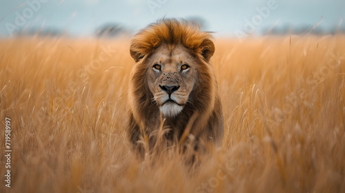 Majestic Lion Staring Intently in Tall Golden Grass