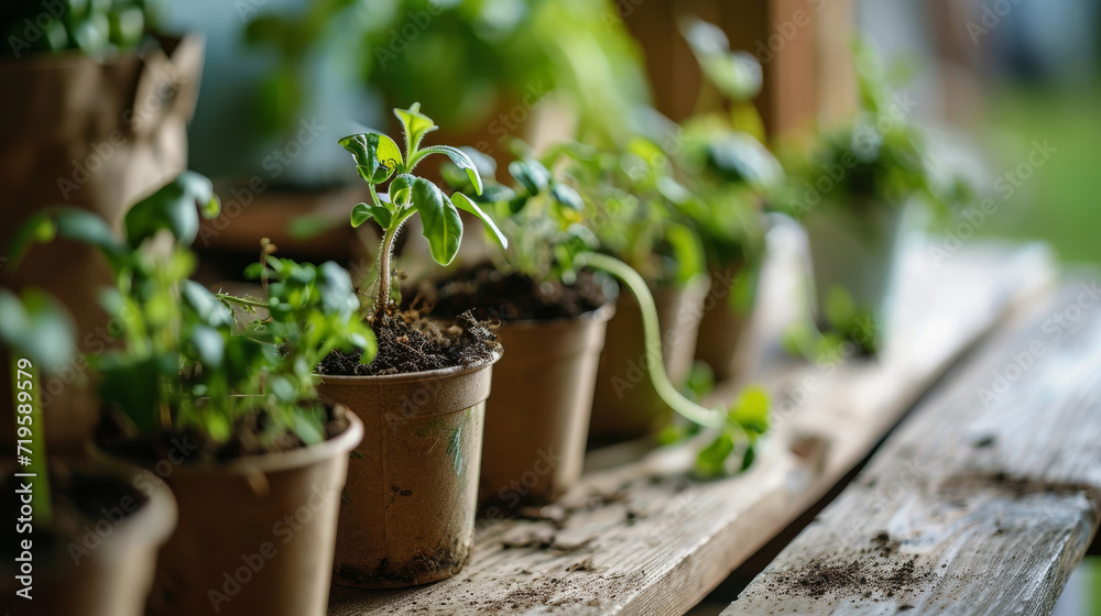 Sprouts, Sprouts of different plants in brown peat pots Sprouts, Sprouts of different plants in brown peat pots