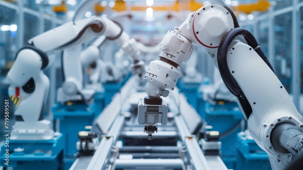 © Zahid - Mechanized industry robot and robotic arms for assembly in factory production . Concept of artificial intelligence for industrial revolution and automation manufacturing process .