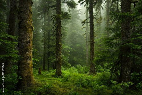 dense forest emerges from the mist  with towering trees adorned with intricate patterns of moss and lichen