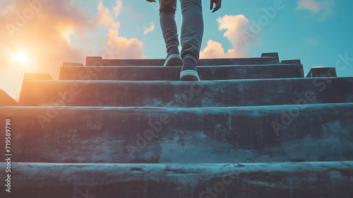 Person Climbing Stairs Towards Sunlight Concept of Challenge and Success