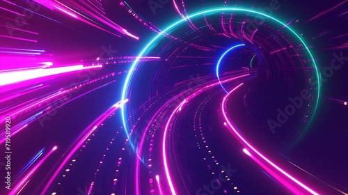 Purple and green background with red and blue running lights. Design.Dark background with repetitive light running in a circle in the animation.