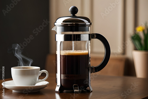 French press coffee is a brewing method that produces a rich and flavorful cup of coffee . photo