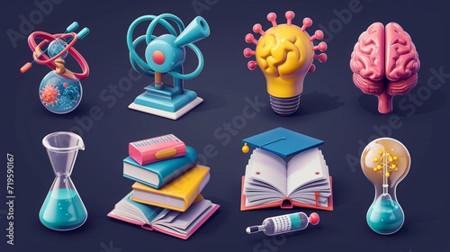 School, science and education icons. Microscope, atom, virus, test tube, books, brain, light bulb, graduation cap 3d render vector set 