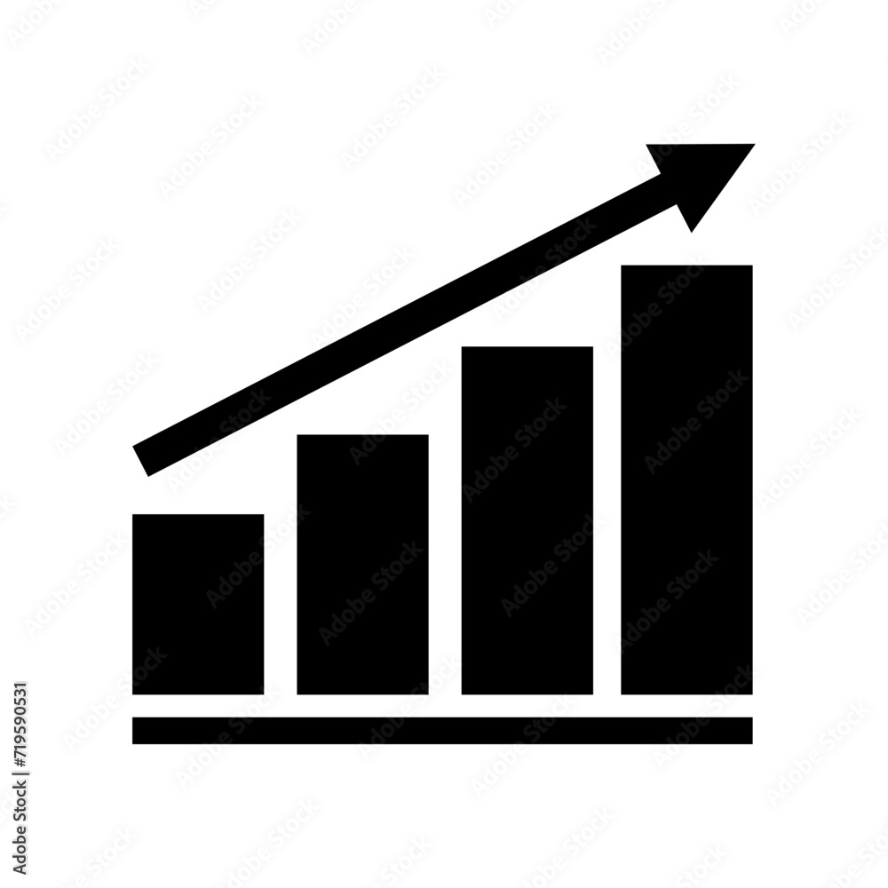 Growing graph bar icon business chart diagram symbol increase finance progress flat black element with arrow growth vector design background Growing graph bar icon business chart diagram symbol increase finance progress flat black element with arrow growth vector design background