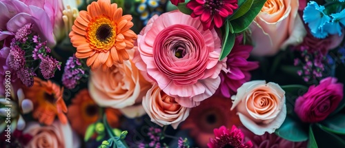 Rich and colorful beautiful bouquet of fresh flowers close up poster background.