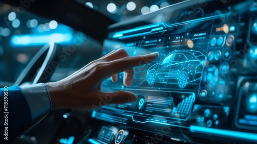  Illustration of Human Hand Engaging with Holographic Financial Interface, AI Algorithms, and Premium Car Silhouette in a Modern Corporate Office. Monochromatic Palette with Neon Blue