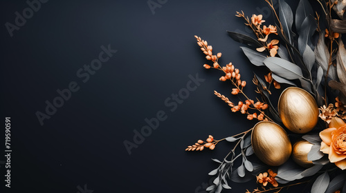 Easter composition. Golden eggs and flowers on black background. Flat lay  top view  copy space