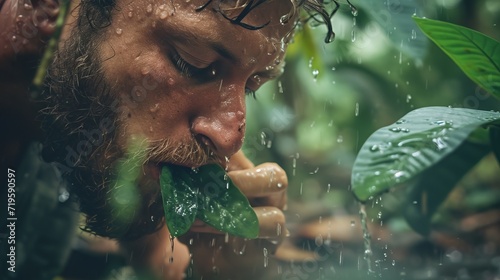 Survival - man drinking rain water from leaf in rainforest jungle. photo