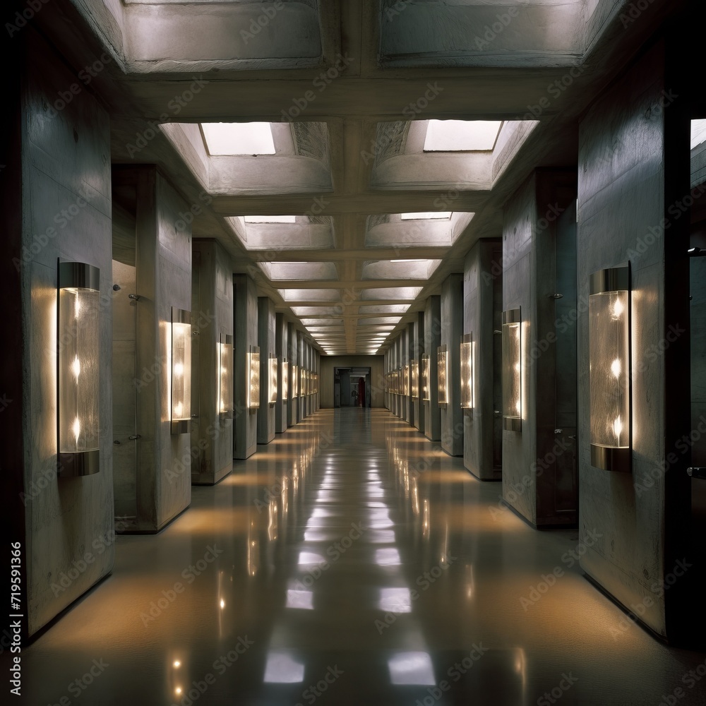 Indoor photograph of an enclosed hallway in brutalist style, skylights and sconce lighting, polished concrete and linoleum. From the series “Interiors,