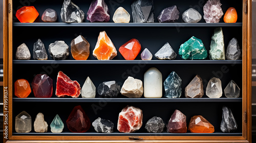 Collection of natural gemstones on a wooden shelf, close-up