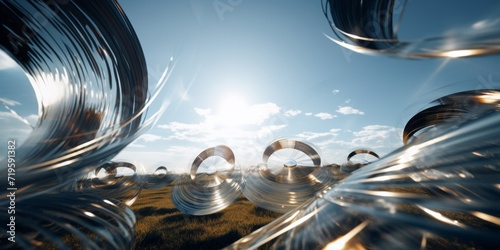 surreal multiple exposure photograph of spinning  disks in a country landscape, motion blur, bokeh, broad sky
 photo