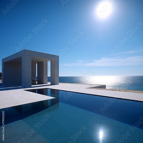Outdoor photograph of a simple white modernist building on a concrete deck and beside an infinity pool with an ocean background under bright sunlight. From the series “Abstract Architecture." © Mark W Geiger