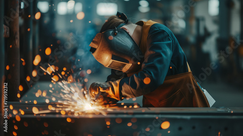 Highly focused female welder hunched over sparking metal in a factory photo