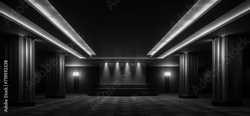 Black and white interior photograph of a large elevator lobby art deco style on an upper of a conference hotel, dark lighting, film noir style. From the series “Recurring Dreams,""Twilight Zone."