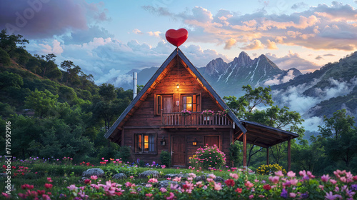 A quaint little cabin surrounded by a kaleidoscope of blooming flowers, its rooftop adorned with a whimsical red heart that seems to radiate love and warmth. St Valentine's Day Concept. photo