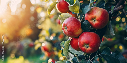 A branch with red ripe apples against the background of an apple orchard and the rays of the setting sun
