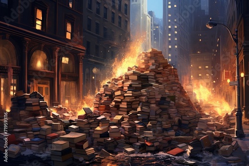 Burning books. A large pile of books burns on a fire on a city street