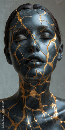 Porcelain statue of a woman's head, black and golden, repaired with the kintsugi technique.