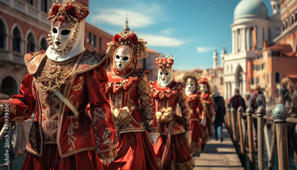 Women are wearing Venetian beautiful mask and costume in evening at carnival event.