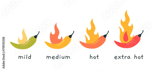 Spicy food level icons, mild, medium and extra hot, cartoon style. Chili, jalapeno, cayenne peppers with fire flames. Trendy modern vector illustration isolated on white background, flat design