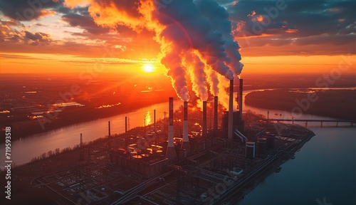 Industrial landscape, with Traditional thermal power plant generating heat, producing steam and smog at sunset. Environmental concept